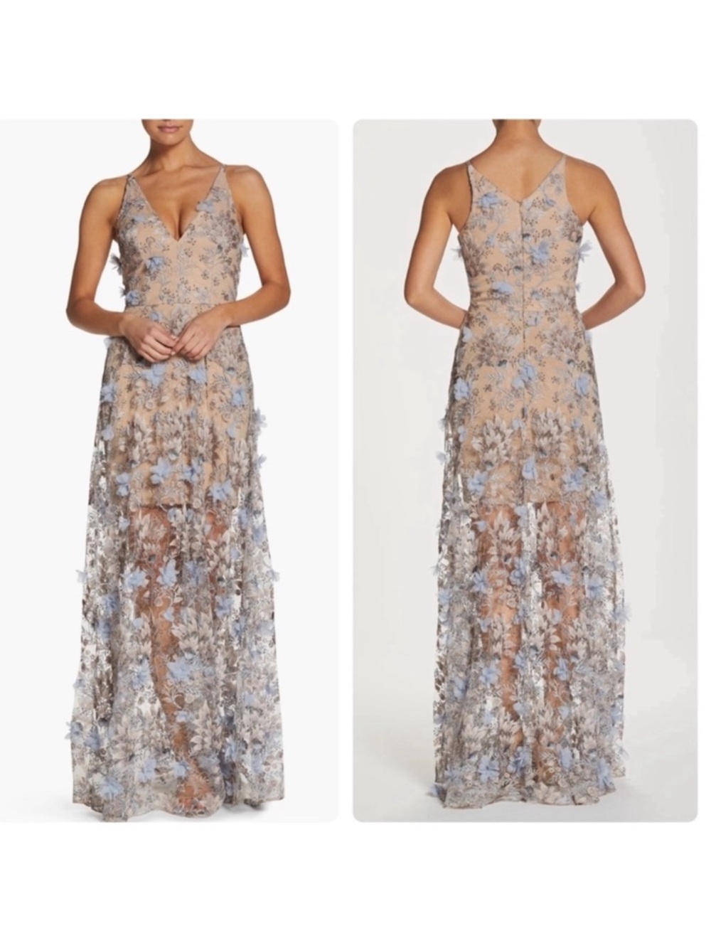 Dress The Population Sidney Deep V-Neck 3D Lace Gown Dress Mineral Blue Sheer